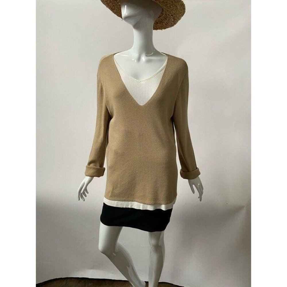 August Max Womens Sweater Beige White Long Sleeve